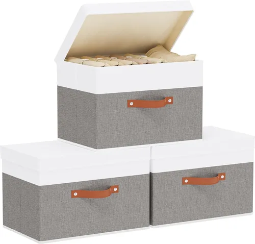 Miniatura 13 de Contenedor de almacenamiento de tela, cesta de almacenamiento con tapas, caja organizadora de armario con asas para zapatos, libros, toallas, blanco