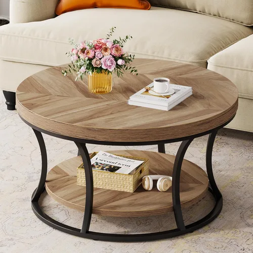 Mesa de centro redonda para sala de estar, mesa de centro circular de 2 niveles con almacenamiento, mesa central decorativa de diseño moderno, grano