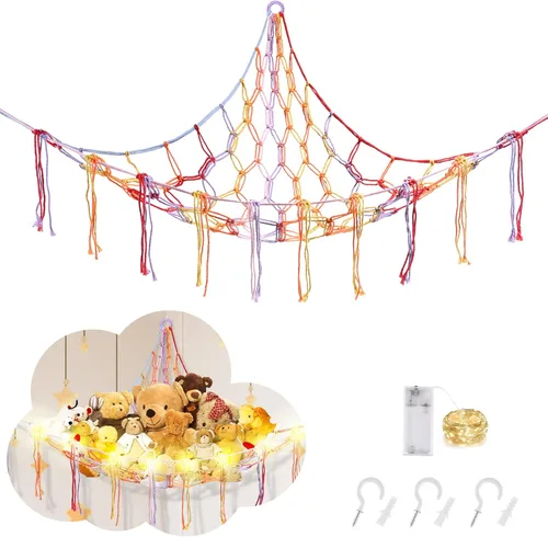 Miniatura 16 de CERETIA Hamaca de animales de peluche con luz LED, red grande de almacenamiento en esquina de animales de peluche para decoración de habitación