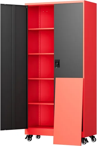 Miniatura 24 de Yizosh Armario de almacenamiento de metal para garaje con 2 puertas y 5 estantes ajustables, gabinete de archivo de acero con cerradura de 71