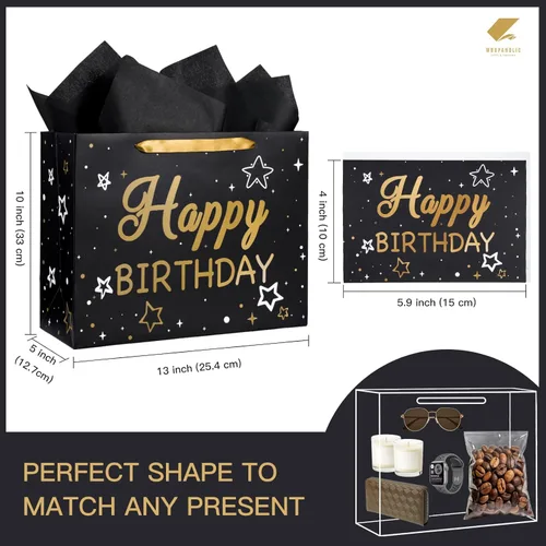 Miniatura 2 de WRAPAHOLIC Bolsa de regalo de cumpleaños grande de 13 pulgadas con tarjeta y papel de seda, bolsas de papel con letras de estrella negra y feliz