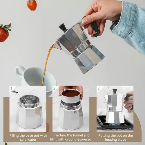 Miniatura 3 de Agatige Cafetera Moka de 1 taza de 1.7 fl oz, cafetera de aluminio para estufa, cafetera de café percolador para el hogar, camping, oficina, café