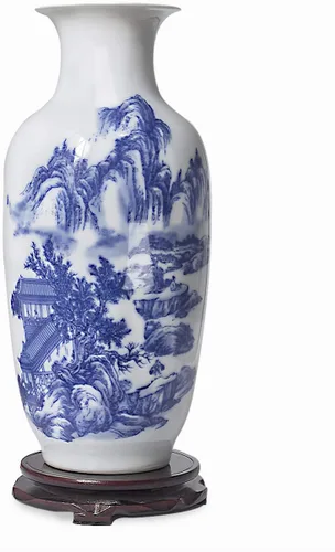 Miniatura 4 de Dahlia Jarrón azul y blanco, florero de porcelana china hecho a mano, montaña celestial, forma de rouleau de 14 pulgadas