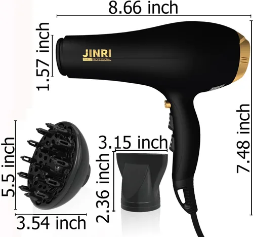Miniatura 4 de JINRI Secador de pelo de 2000 W con iones negativos e infrarrojos, negro, 3 de calor y 2 velocidades, entrada de aire desmontable