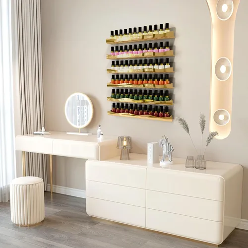 Miniatura 3 de YMVV Estantes de esmalte de uñas montados en la pared, estante organizador de esmalte de uñas con acabado de espejo dorado de 5 pulgadas, estante
