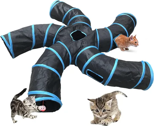 Miniatura 6 de Túnel para gatos, túneles plegables grandes de 3 vías con 4 agujeros de mirada, juguete interactivo para gatos en forma de S, juguete interactivo