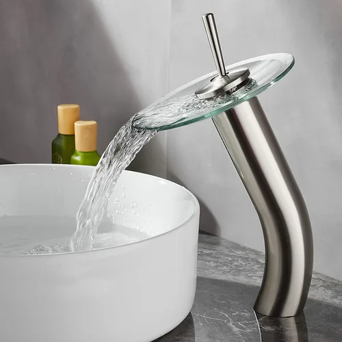 Miniatura 9 de Grifo de Baño de Cascada de Vidrio con Mango Único de Latón Macizo para Lavabo Lavatorio Vessel Sink Vanity, Alto, Negro