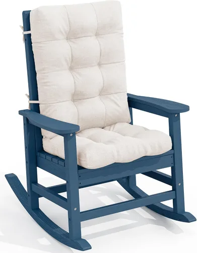 SERWALL SEWALL Mecedora de gran tamaño para exteriores con cojín, mecedoras de patio para porche, balancín de HDPE azul + cojín beige