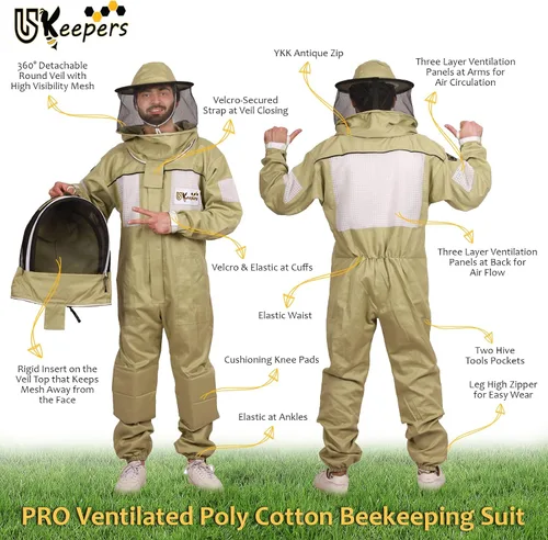 Miniatura 5 de Traje de apicultura de polialgodón ultra ventilado para hombres y mujeres con guantes y dos velos de apicultura, traje de apicultura profesional