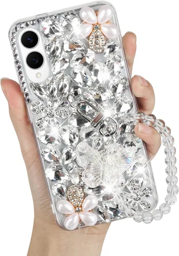 Miniatura 10 de Omio Funda compatible con Samsung Galaxy S22 Ultra Bling con correa de cadena de mano, bonita pulsera de mariposa 3D hecha a mano con purpurina