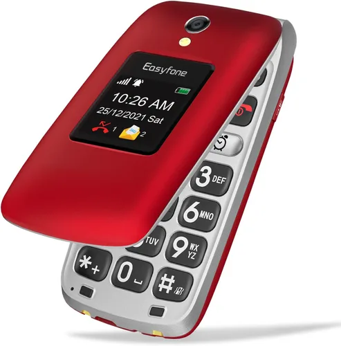 Easyfone Prime-A1 Pro - Teléfono celular 4G Flip desbloqueado para personas mayores, fácil de usar, botones grandes, sonido claro, botón SOS y Rojo