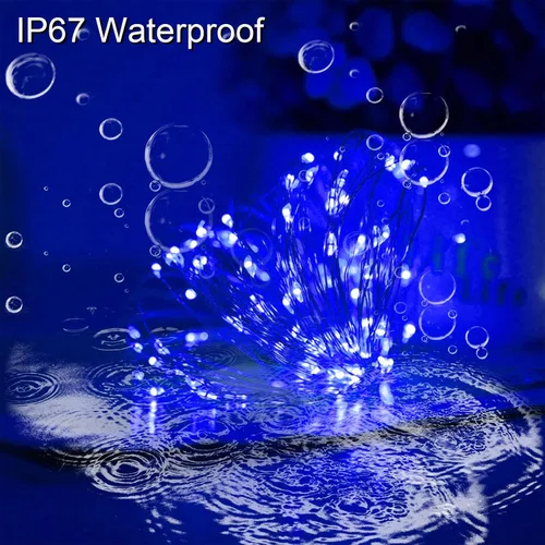 Miniatura 3 de Tira de luces solares azules de Navidad al aire libre impermeables, 2 paquetes, total 200 LED, 20.1 m, 8 modos, luces de hadas de cobre