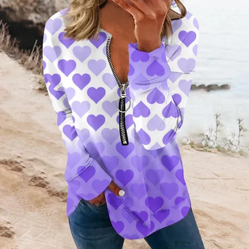 Miniatura 2 de FlekmanArt Womens Long Sleeve Tops Quarter Zipper Long Sleeve Outfit V Neck Printing Sweatshirts Comfy Dressy T Shirts