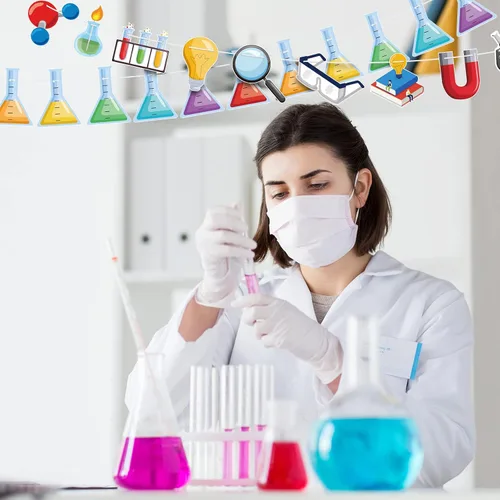 Miniatura 3 de Wettarn - 5 piezas de decoraciones de regreso a clases, pancartas de laboratorio de ciencia, química, laboratorio, fiesta, guirnalda colgante