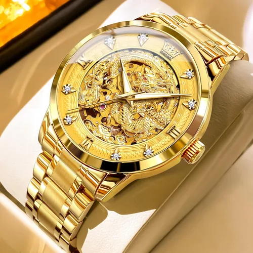 Miniatura 4 de OLEVS Dragon Skeleton Reloj automático para hombre, 1.654 pulgadas, esfera grande, dorado, de lujo, cuerda automática, impermeable, acero
