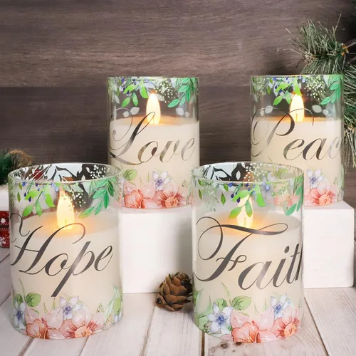 Miniatura 8 de Velas sin llama de Navidad de cristal con llama parpadeante, velas de cera real florales LED con control remoto - Juego de 4 para decoración