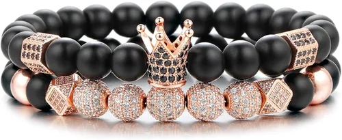 YuziJewy 2 pulseras de cuentas de corona para hombres y mujeres, pulseras de cuentas de ágata negra de 0.315in, pulsera de piedra de ágata negra