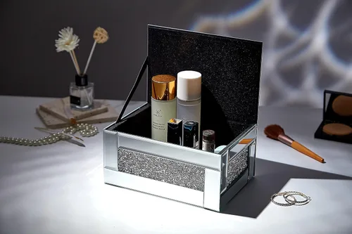 Miniatura 2 de BANQLE Caja de joyería caja de reloj organizador de maquillaje con espejo para tocador caja de tocador de cristal diamante triturado plateado