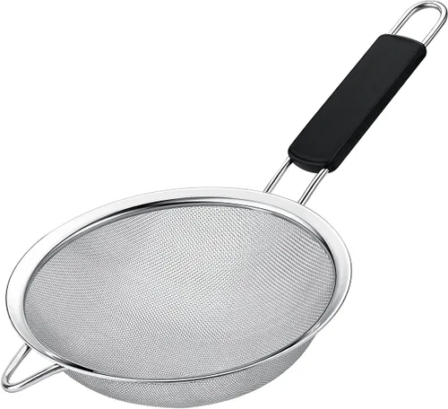 Colador de malla fina con mango de goma termoplástica – Tamiz de malla fina de acero inoxidable – Ideal para tamizar harina, azúcar glaseado, frutas