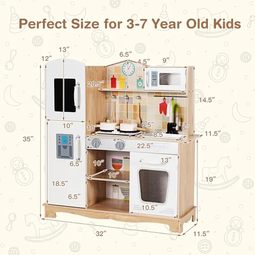 Miniatura 6 de HONEY JOY Juego de cocina para niños, cocina de madera para niños pequeños, microondas, grifo, estufa con luces, pizarra, armario de almacenamiento