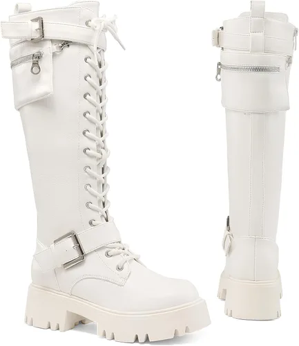 Miniatura 3 de DREAM PAIRS Botas altas de combate para mujer, plataforma de equitación, con cordones, suela de orejeta, gótica, con cremallera