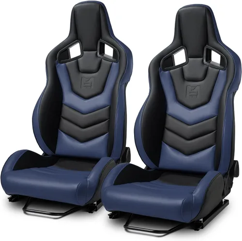 Asientos de carreras reclinables universales de PVC, fibra de vidrio y cuero negro+azul [Serie EVO] Izquierda Derecha