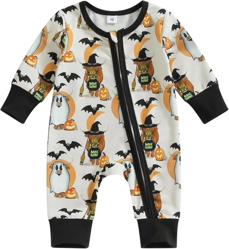 Wrrkayly Ropa de Halloween para bebés niños y niñas, recién nacidos, manga larga, con capucha, mameluco de calabaza, fantasma, con cremallera