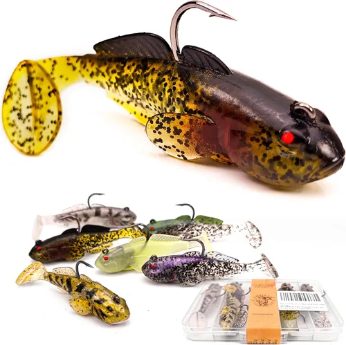 Miniatura 11 de Señuelos de pesca suaves, cebos de sábalo y pececillo, señuelos de cola de paleta con cabeza de plantilla premontada para lubina, trucha