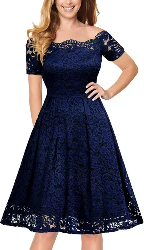 MISSMAY Vestido vintage de manga corta con cuello barco y encaje floral para mujer