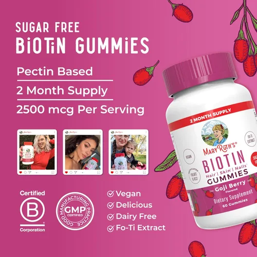 Miniatura 8 de Biotina Sin azúcar Suministro de 2 meses Gomitas de biotina Vitaminas de biotina para la piel del cabello y las uñas Gomitas de biotina