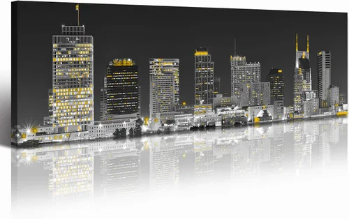 Miniatura 9 de JiazuGo Phoenix Skyline Arte de Pared en Lienzo - Paisaje Urbano de Arizona Enmarcado (14x48 Pulgadas) Negro y Blanco con Amarillo, Decoración