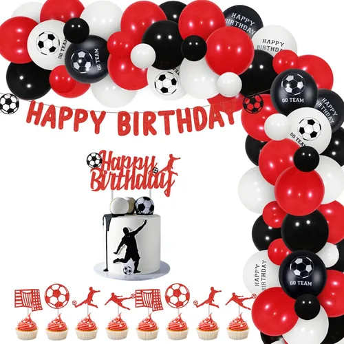 Decoraciones de fiesta de cumpleaños de fútbol, decoración de fiesta temática de fútbol, kit de guirnalda de globos rojos y negros, pancarta de