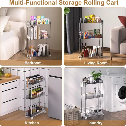 Miniatura 4 de VECELO Carrito rodante de acrílico de 3 niveles, carrito utilitario para almacenamiento de cocina, estantes móviles organizadores deslizables con 2