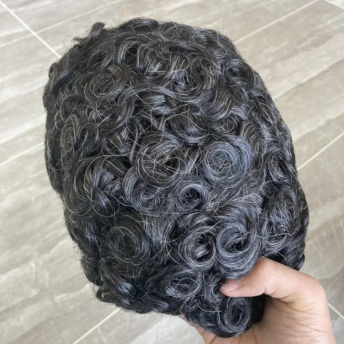 Miniatura 20 de SIMBEAUTY Cabello humano Remy indio 360 ondulado, 0.394 pulgadas, base de piel de tupé rizado, 10 x 8 pulgadas, para hombres negros con sistema