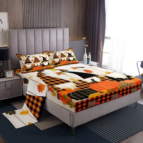 Miniatura 10 de Manfei Juego de sábanas de calabaza de otoño, tamaño individual, juego de ropa de cama floral de hojas verdes para niños y niñas, decoración