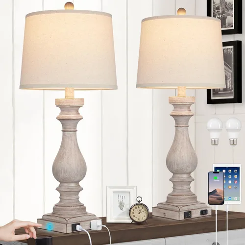 Miniatura 10 de Cinkeda Juego de 2 lámparas de mesa de 29 pulgadas de alto para sala de estar, lámparas vintage para mesita de noche con puertos USB C+A y salida