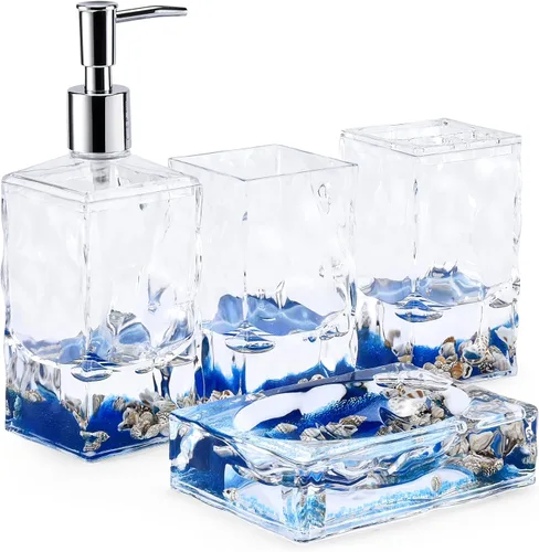 Locco Decor 4 piezas accesorios de tocador de baño de acrílico líquido con movimiento flotante 3D, tema océano, incluye soporte para cepillo de