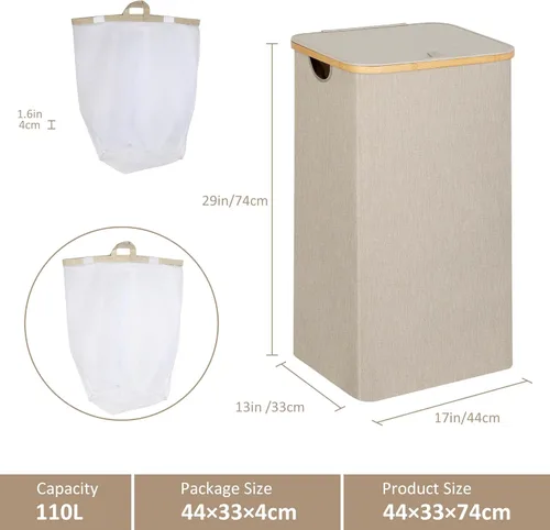 Miniatura 14 de iEGrow - Canasta de lavandería de 150 litros con tapa - Gran canasta de lavandería con asas de bambú, color gris, cestas para lavandería, cesta