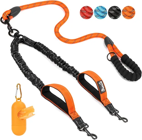 Miniatura 12 de SlowTon Correa doble para dos perros – Correa para perro sin enredos, correa giratoria de 360° reflectante doble para perro con dos asas acolchadas