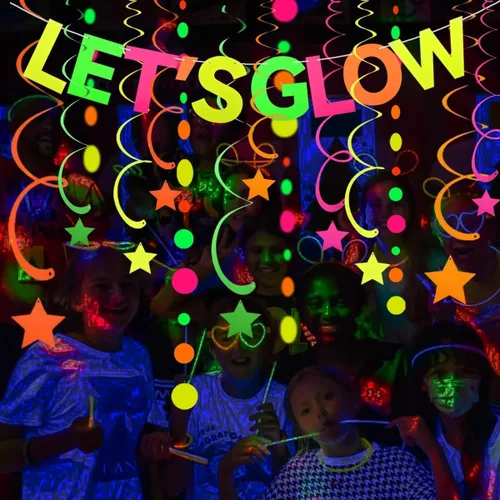 Miliocry Los suministros de fiesta de neón incluyen pancarta Let's Glow, guirnalda de papel de punto redondo, serpentinas de remolino de neón,
