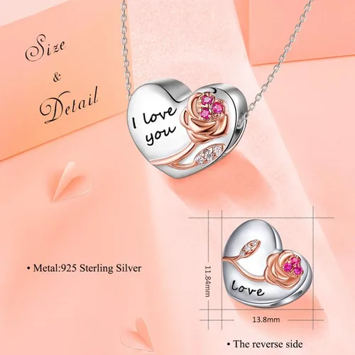 Miniatura 2 de Abalorios de plata de ley 925 con forma de corazón y flor de rosa 3D para pulseras, collares, bodas, día de San Valentín, día de la madre, regalo