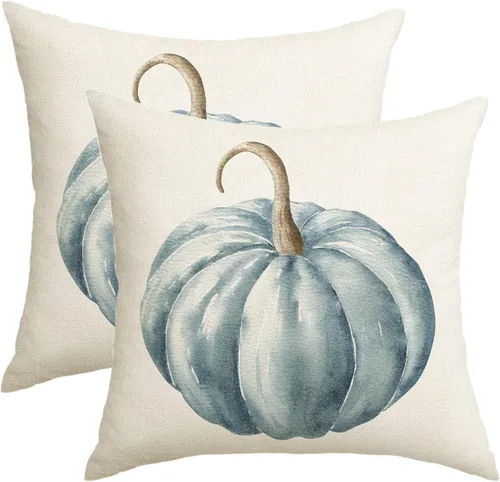AWJTNCQ Juego de 2 fundas de almohada de calabaza de otoño de 16 x 16 pulgadas, para exteriores, color verde azulado, azul, acuarela, fundas de