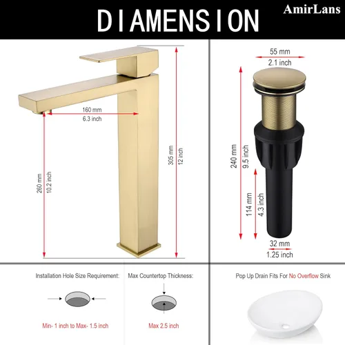 Miniatura 2 de llave de fregadero dorado cepillado, grifo de baño dorado de un solo agujero, grifo de fregadero de una sola manija alto con desagüe desplegable