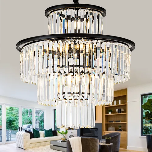 Miniatura 14 de Lámpara de Araña de Cristal Moderna Negra de 21.7", Accesorios de Iluminación de Lujo, Candelabros de Cristal de 2 Anillos para Comedor, Iluminación