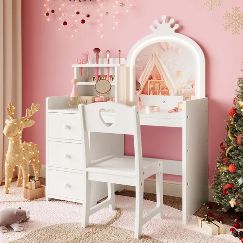 Miniatura 7 de GarveeHome Escritorio de tocador para niños con espejo y luces, tocador de madera de princesa blanca con silla, estantes de almacenamiento y White1