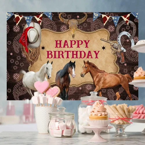 Miniatura 4 de Telón de fondo de fotografía de caballo de feliz cumpleaños, decoración de fiesta de vaquero del salvaje oeste, fondo de imagen, fondo de granja