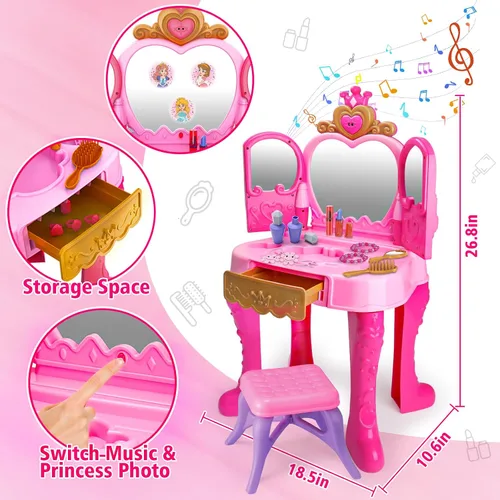 Miniatura 3 de Juego de maquillaje mágico para niños pequeños, mesa y silla, espejo automático con música, color rosa claro, juguetes para niñas de 3, 4, 5 años