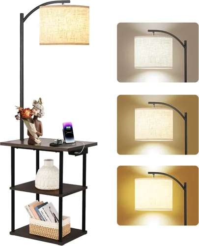 PESRAE Lámpara de pie con mesa, lámparas para mesita de noche con estación de carga (USB y tipo C y puerto de CA), bombilla LED de 3 temperaturas de