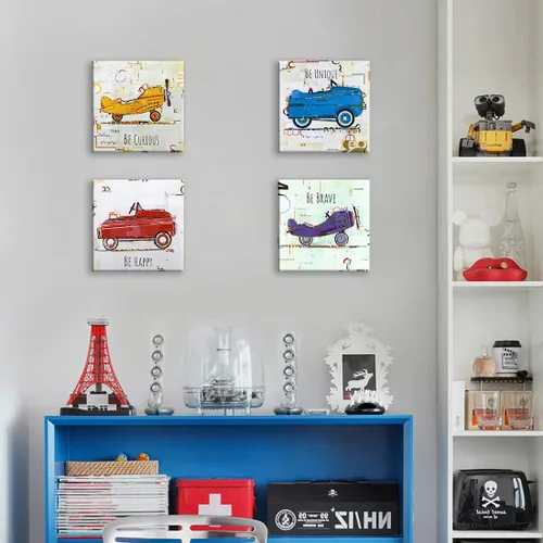 Miniatura 2 de Oreichar Art Arte de pared para niños, citas inspiradoras, lienzo impreso con dibujos animados, cuadro colorido de avión de automóvil