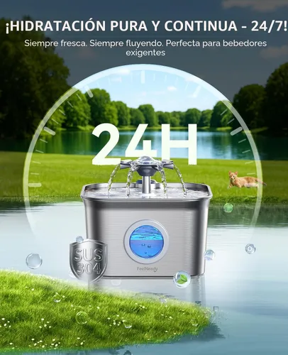 Miniatura 2 de Fuente de agua para gatos de acero inoxidable, 2.8 L con bomba ultra silenciosa de 20 dB, ideal para mascotas tímidas, ventana LED de nivel de agua
